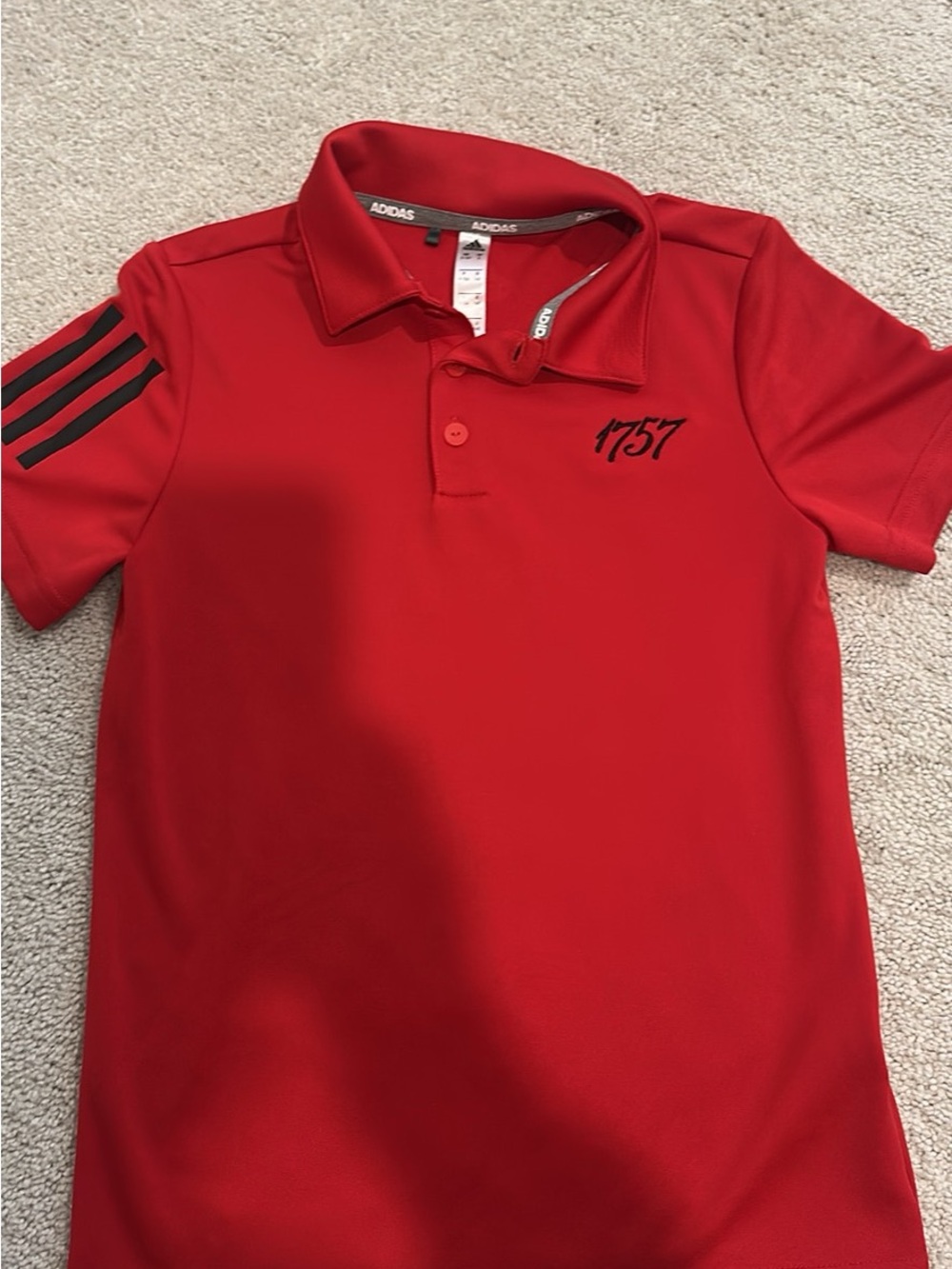 adidas Red Polo Shirt with Black Stripe Sleeve and '1757' Logo-size 9/10